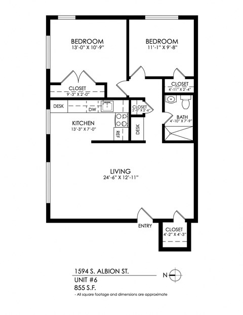Floor plan for 2 beds, 1 bath, 855 sqft